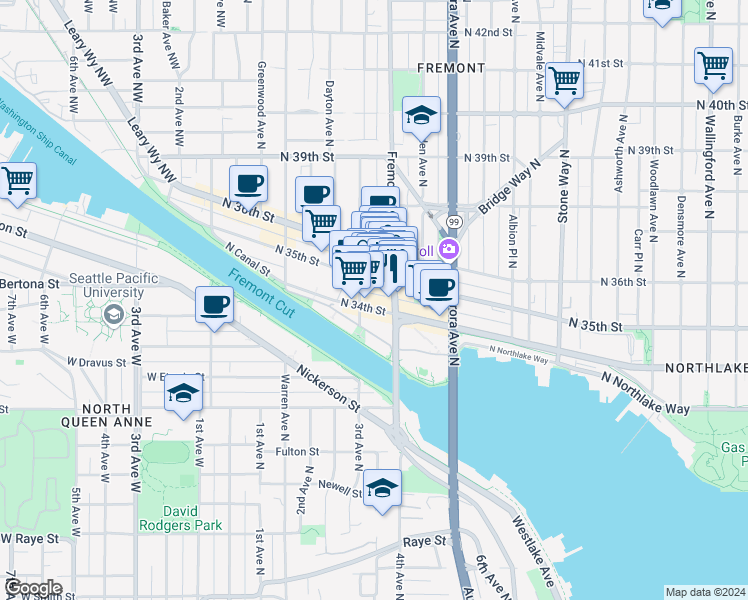 map of restaurants, bars, coffee shops, grocery stores, and more near 619 North 35th Street in Seattle