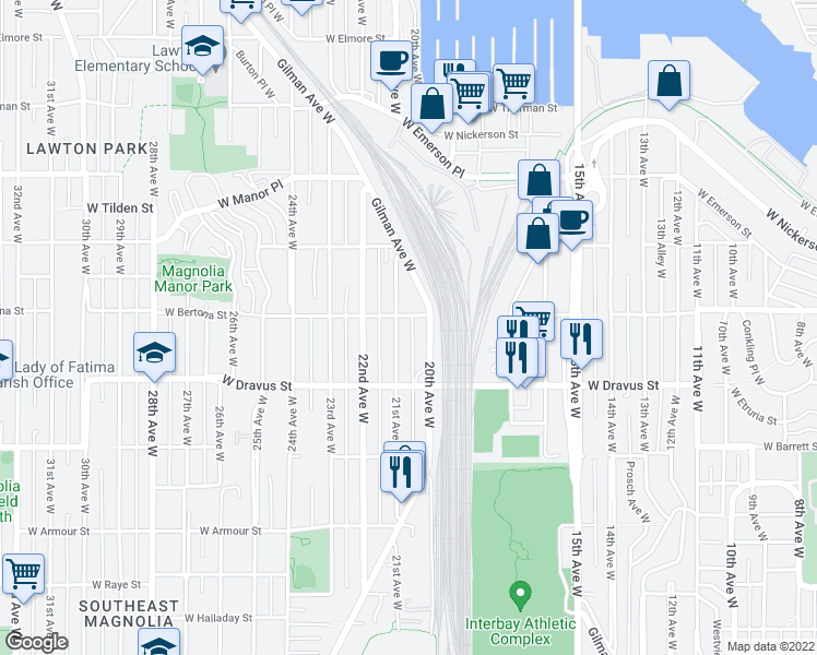 map of restaurants, bars, coffee shops, grocery stores, and more near 3403 21st Avenue West in Seattle