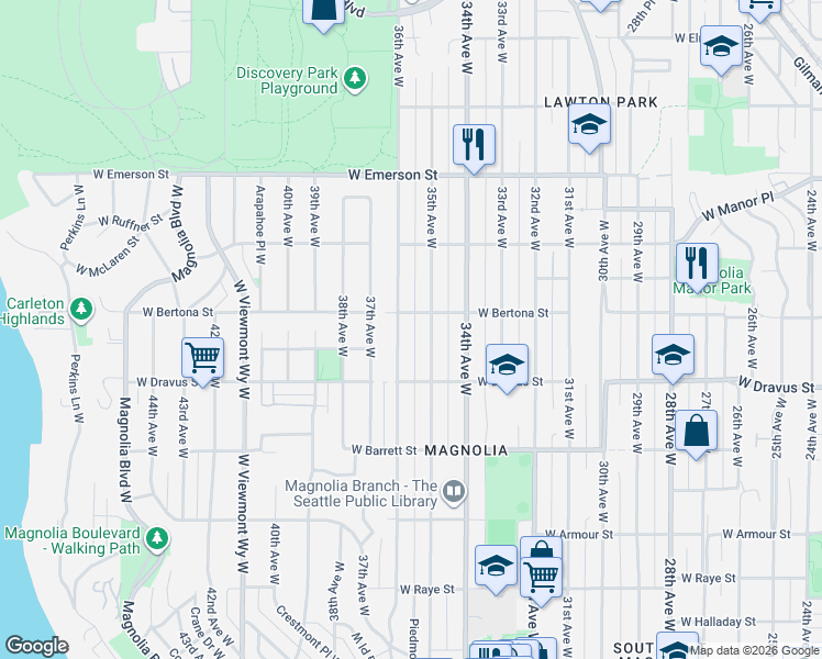 map of restaurants, bars, coffee shops, grocery stores, and more near 3508 West Bertona Street in Seattle