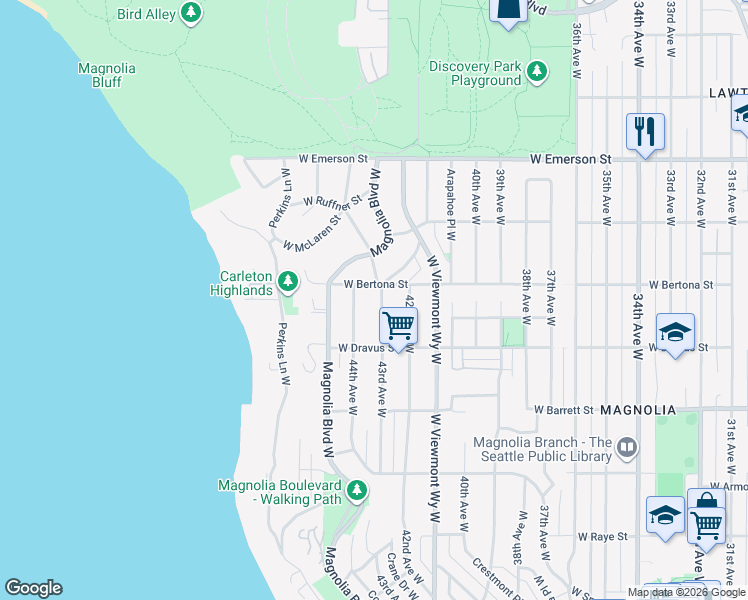 map of restaurants, bars, coffee shops, grocery stores, and more near 3405 42nd Avenue West in Seattle