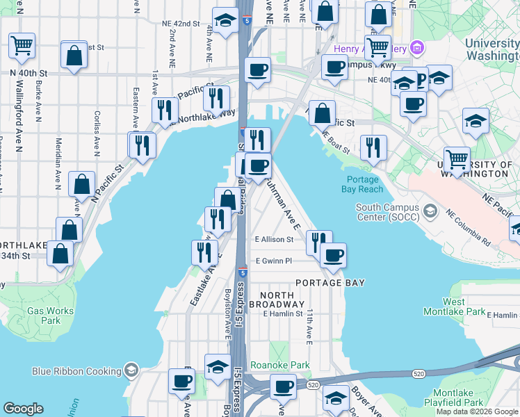 map of restaurants, bars, coffee shops, grocery stores, and more near 3201 Franklin Avenue East in Seattle