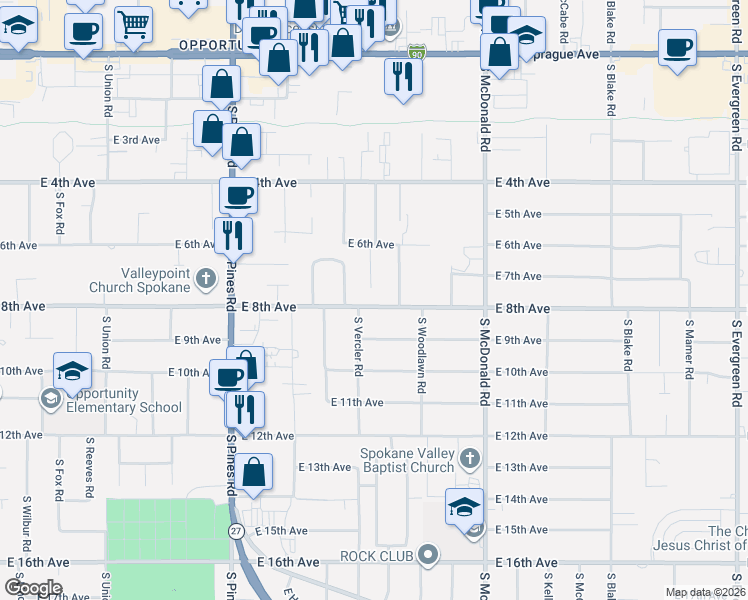 map of restaurants, bars, coffee shops, grocery stores, and more near 704 South Leta Road in Spokane Valley