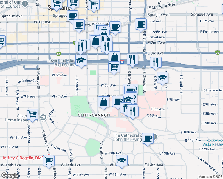 map of restaurants, bars, coffee shops, grocery stores, and more near 611 South Bernard Street in Spokane