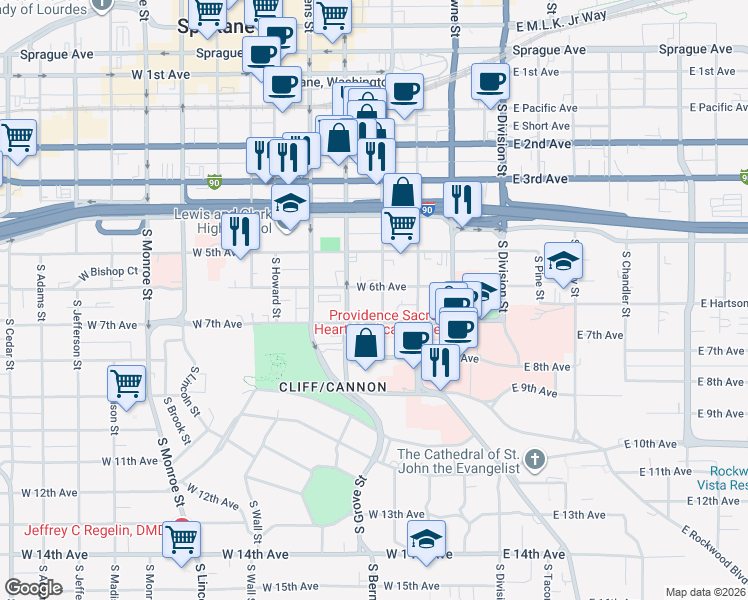 map of restaurants, bars, coffee shops, grocery stores, and more near 307 West 6th Avenue in Spokane