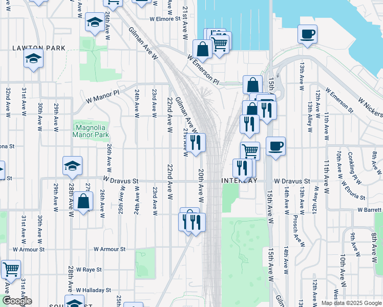 map of restaurants, bars, coffee shops, grocery stores, and more near 3403 21st Avenue West in Seattle