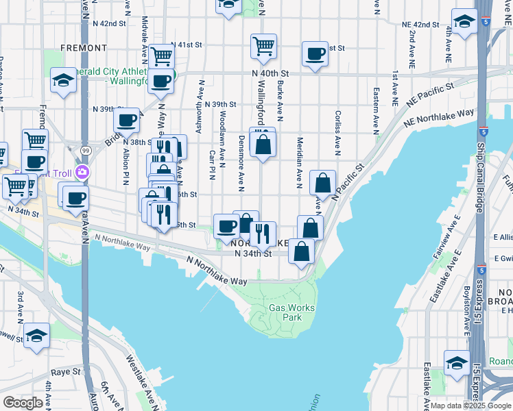 map of restaurants, bars, coffee shops, grocery stores, and more near 3525 Wallingford Avenue North in Seattle