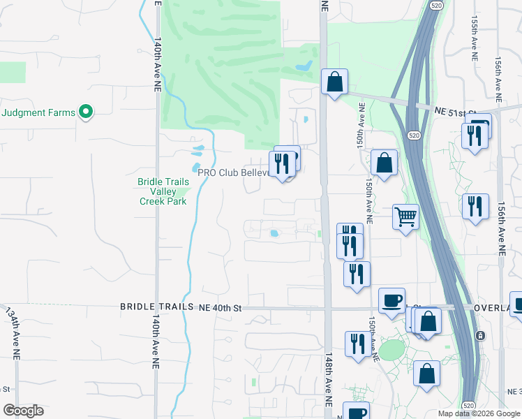 map of restaurants, bars, coffee shops, grocery stores, and more near 4416 145th Avenue Northeast in Bellevue