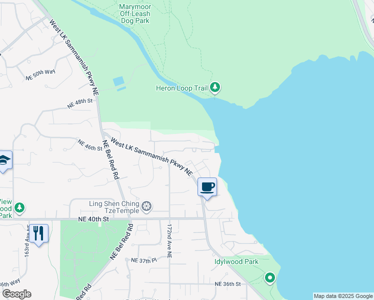 map of restaurants, bars, coffee shops, grocery stores, and more near 17104 Northeast 45th Street in Redmond