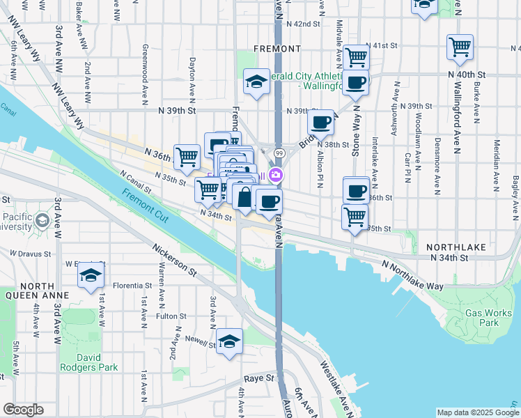 map of restaurants, bars, coffee shops, grocery stores, and more near 731 North 35th Street in Seattle