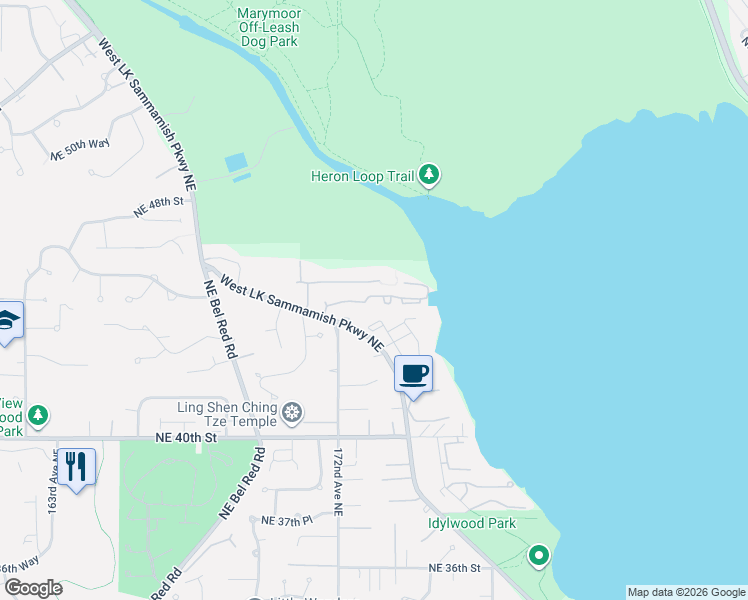 map of restaurants, bars, coffee shops, grocery stores, and more near 17203 Northeast 45th Street in Redmond