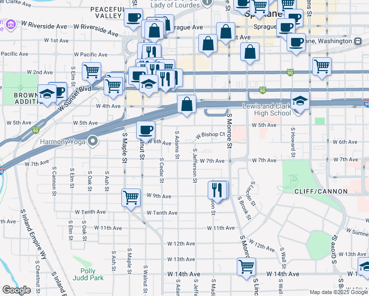 map of restaurants, bars, coffee shops, grocery stores, and more near 1217 West 6th Avenue in Spokane