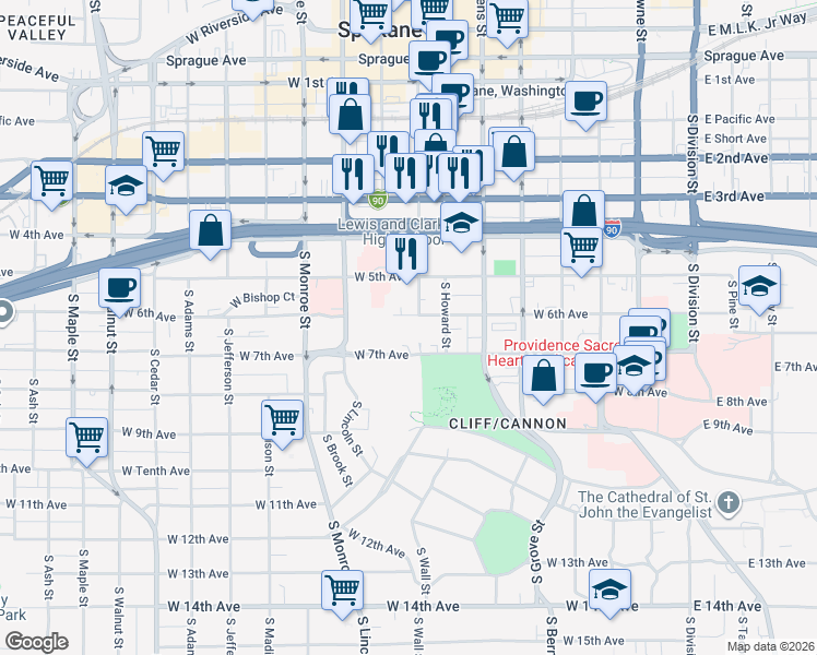 map of restaurants, bars, coffee shops, grocery stores, and more near 707 West 6th Avenue in Spokane
