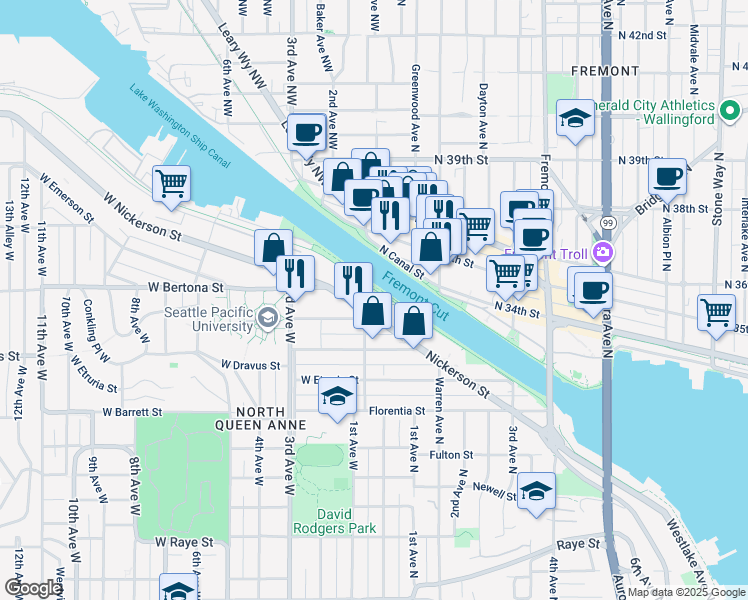 map of restaurants, bars, coffee shops, grocery stores, and more near 31 West Nickerson Street in Seattle