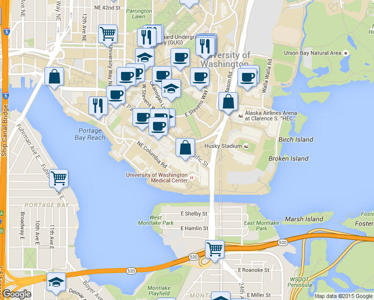 map of restaurants, bars, coffee shops, grocery stores, and more near 2108 Northeast Pacific Street in Seattle