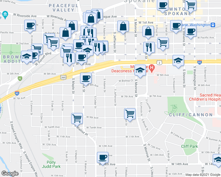 map of restaurants, bars, coffee shops, grocery stores, and more near 1211 West 6th Avenue in Spokane