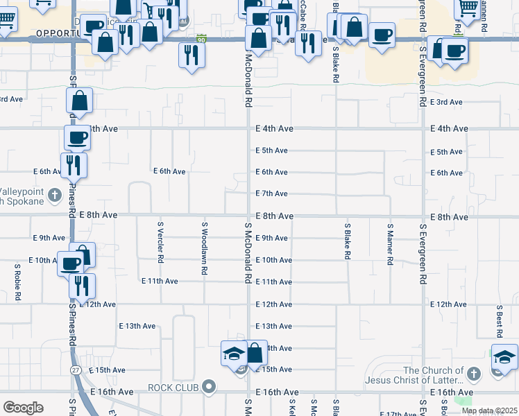 map of restaurants, bars, coffee shops, grocery stores, and more near 13118 East 7th Avenue in Spokane Valley