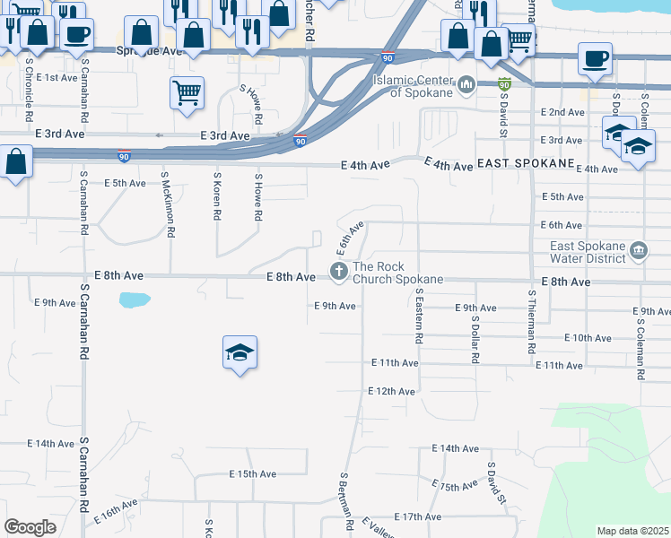 map of restaurants, bars, coffee shops, grocery stores, and more near 6010 East 6th Avenue in Spokane Valley