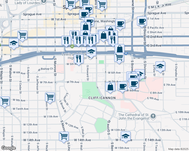 map of restaurants, bars, coffee shops, grocery stores, and more near 508 West 6th Avenue in Spokane