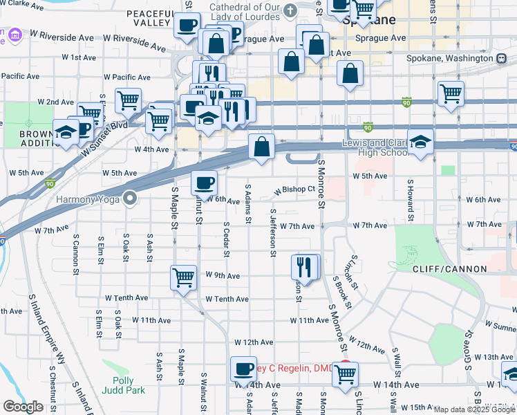 map of restaurants, bars, coffee shops, grocery stores, and more near 1220 West 6th Avenue in Spokane