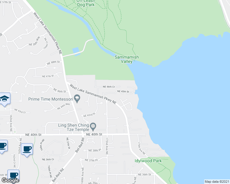 map of restaurants, bars, coffee shops, grocery stores, and more near 17252 Northeast 46th Court in Redmond