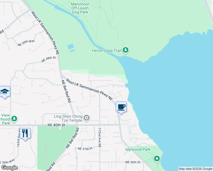 map of restaurants, bars, coffee shops, grocery stores, and more near 17252 Northeast 46th Court in Redmond