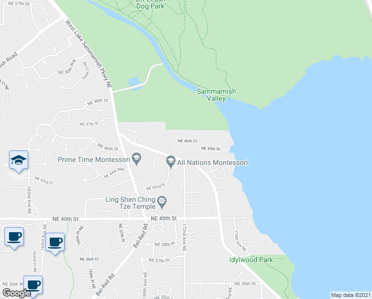 map of restaurants, bars, coffee shops, grocery stores, and more near 17252 Northeast 46th Court in Redmond