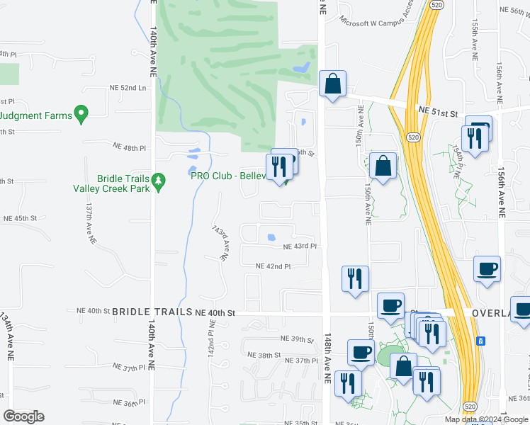 map of restaurants, bars, coffee shops, grocery stores, and more near 4416 145th Avenue Northeast in Bellevue