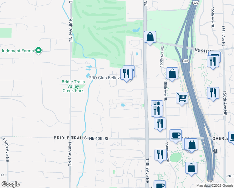 map of restaurants, bars, coffee shops, grocery stores, and more near 4416 145th Avenue Northeast in Bellevue