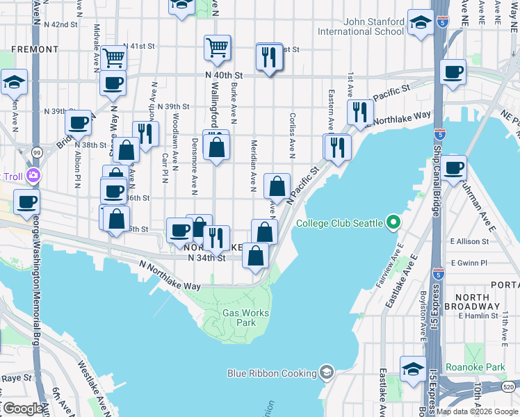 map of restaurants, bars, coffee shops, grocery stores, and more near 3541 Meridian Avenue North in Seattle