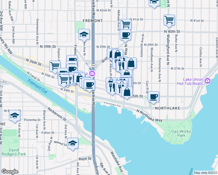 map of restaurants, bars, coffee shops, grocery stores, and more near 1052 North 36th Street in Seattle