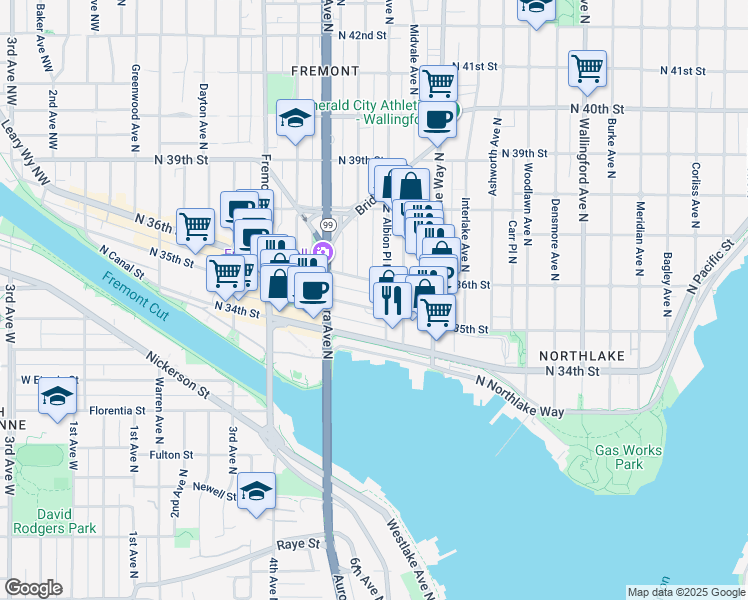 map of restaurants, bars, coffee shops, grocery stores, and more near 906 North 35th Street in Seattle