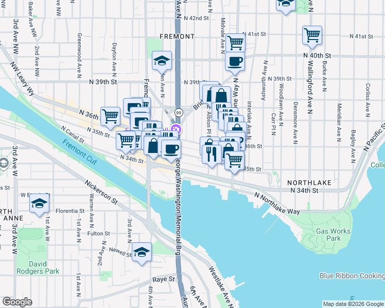 map of restaurants, bars, coffee shops, grocery stores, and more near 906 North 35th Street in Seattle