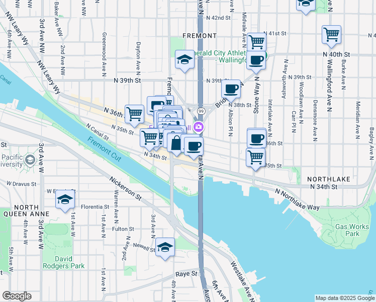 map of restaurants, bars, coffee shops, grocery stores, and more near 720 North 35th Street in Seattle