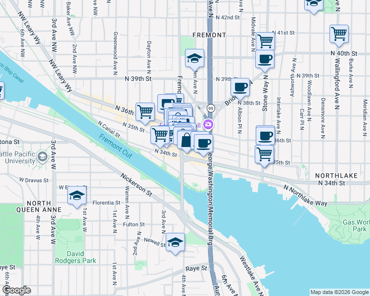 map of restaurants, bars, coffee shops, grocery stores, and more near 720 North 35th Street in Seattle