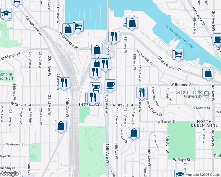 map of restaurants, bars, coffee shops, grocery stores, and more near 3250 15th Avenue West in Seattle
