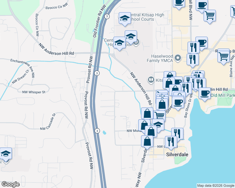 map of restaurants, bars, coffee shops, grocery stores, and more near 9546 Silverdale Loop Road Northwest in Silverdale