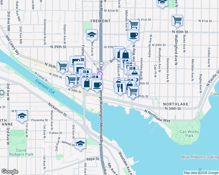 map of restaurants, bars, coffee shops, grocery stores, and more near 906 North 35th Street in Seattle
