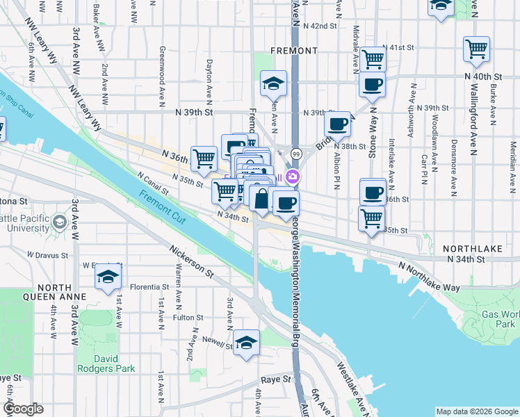 map of restaurants, bars, coffee shops, grocery stores, and more near 720 North 35th Street in Seattle