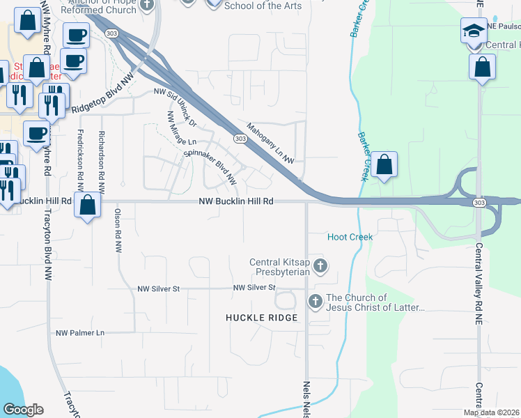 map of restaurants, bars, coffee shops, grocery stores, and more near 1007 Northwest Bucklin Hill Road in Bremerton