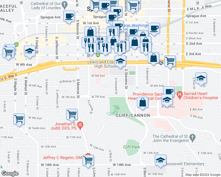 map of restaurants, bars, coffee shops, grocery stores, and more near 615 West 6th Avenue in Spokane