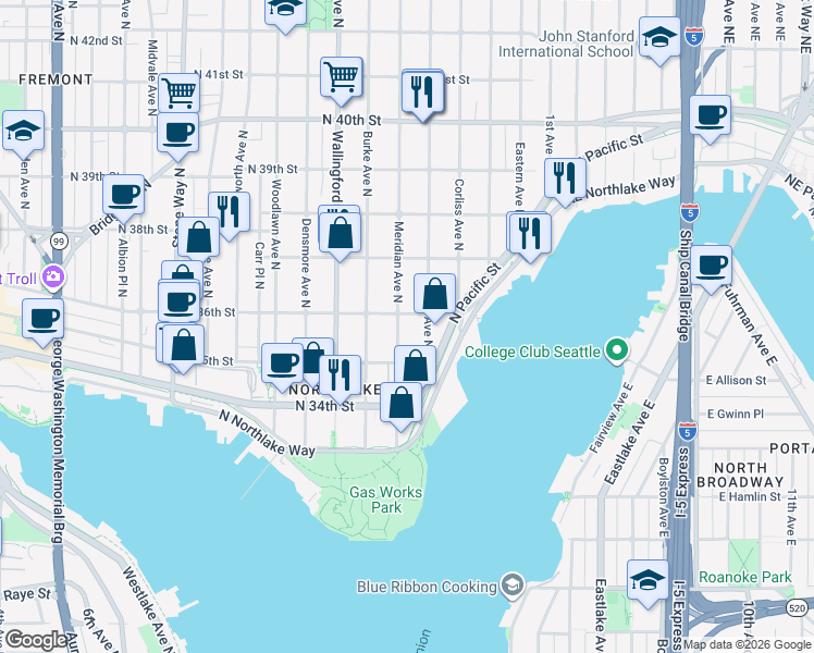 map of restaurants, bars, coffee shops, grocery stores, and more near 3541 Meridian Avenue North in Seattle