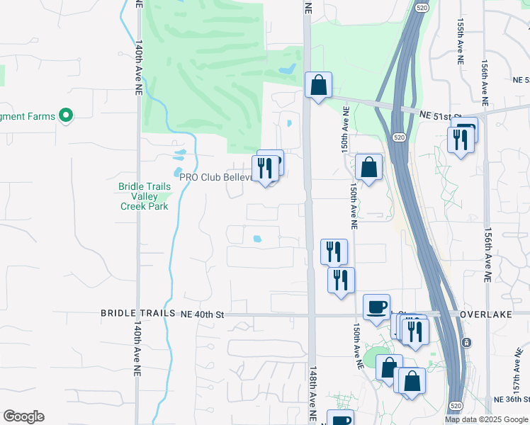 map of restaurants, bars, coffee shops, grocery stores, and more near 14636 Northeast 45th Street in Bellevue