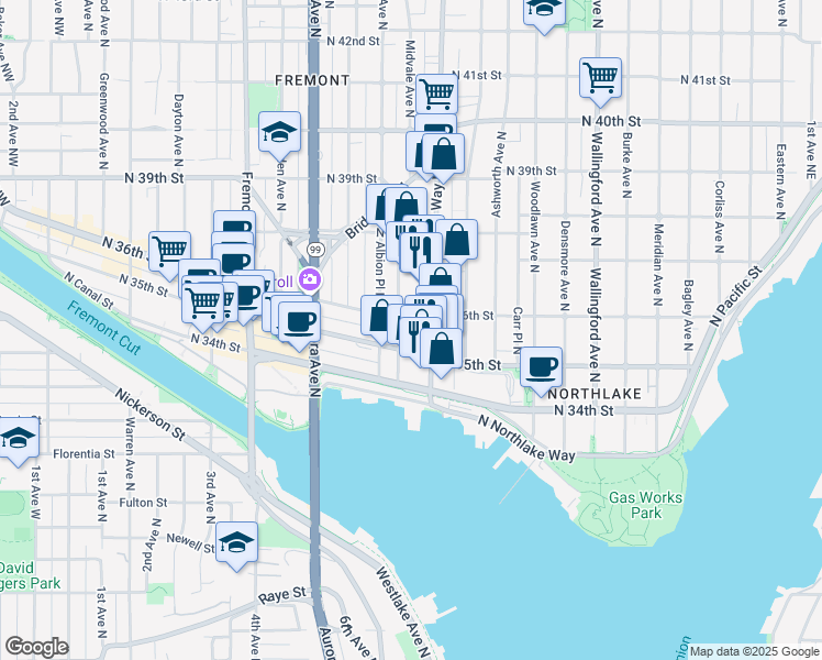map of restaurants, bars, coffee shops, grocery stores, and more near in Seattle