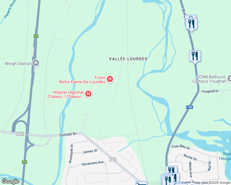 map of restaurants, bars, coffee shops, grocery stores, and more near Vallee Lourdes Drive in Bathurst