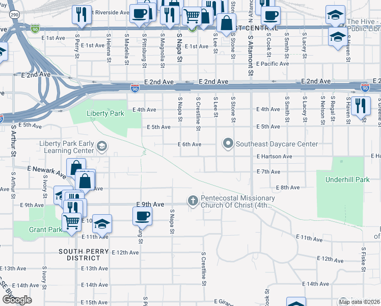 map of restaurants, bars, coffee shops, grocery stores, and more near 2004 East 6th Avenue in Spokane