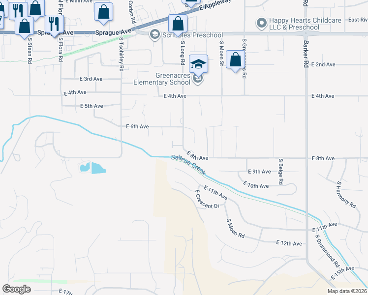 map of restaurants, bars, coffee shops, grocery stores, and more near 618 South Long Road in Spokane Valley