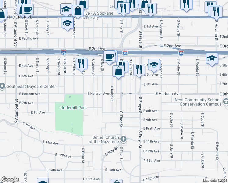 map of restaurants, bars, coffee shops, grocery stores, and more near in Spokane