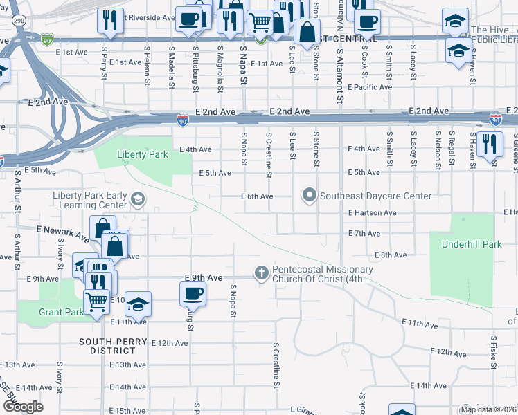 map of restaurants, bars, coffee shops, grocery stores, and more near 2004 East 6th Avenue in Spokane