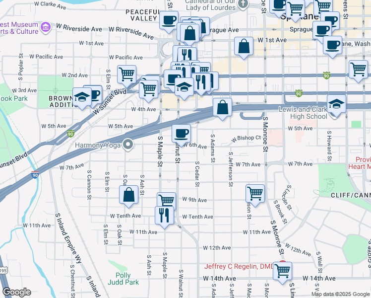 map of restaurants, bars, coffee shops, grocery stores, and more near 1426 West 6th Avenue in Spokane
