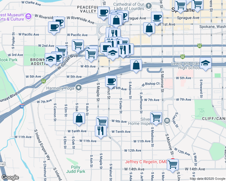 map of restaurants, bars, coffee shops, grocery stores, and more near 1426 West 6th Avenue in Spokane